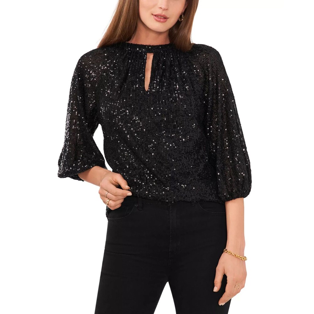 Vince Camuto Raglan Sleeve Sequin Top M Rich Black Round Neck Pullover Party